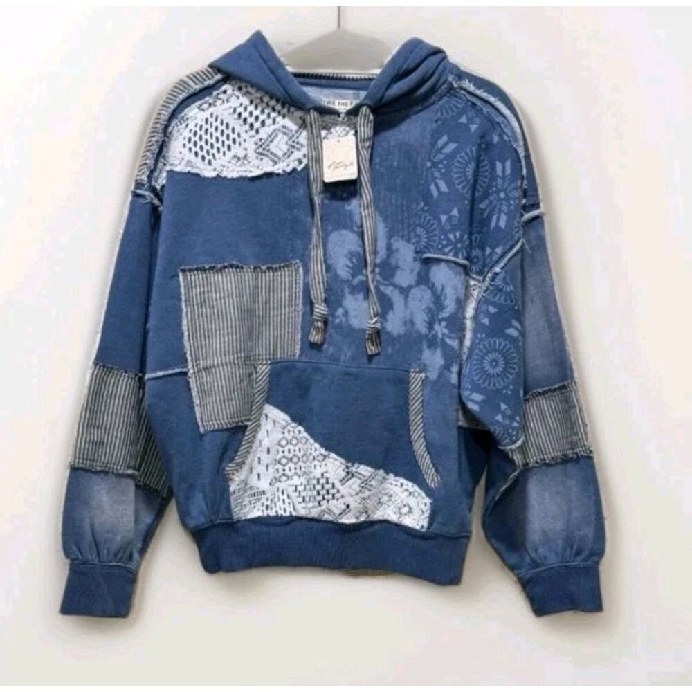 Free People Tttered Romance Hoodie Sweatshirt We The Free Patchwork Indigo Combo - Picture 4 of 6